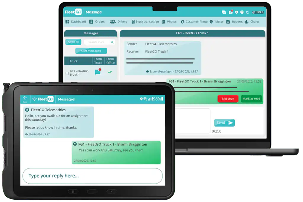 FleetGO fuel tms mockup devices laptop tablet chat